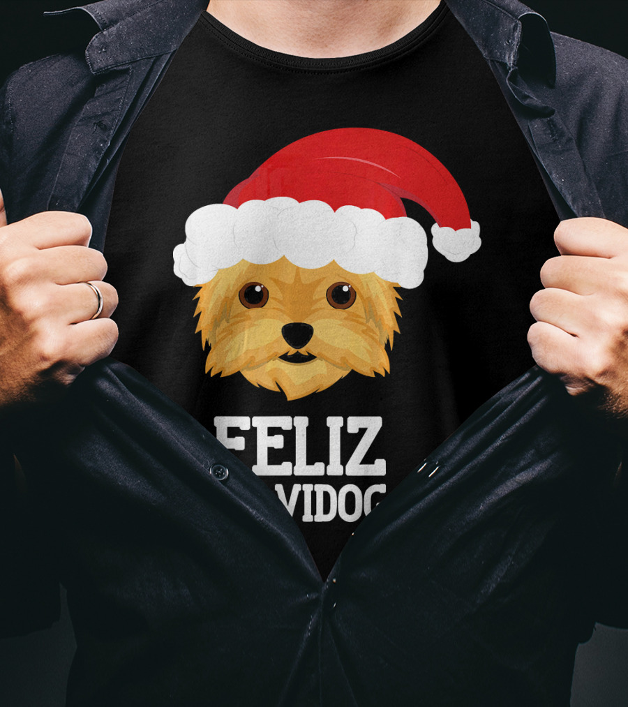 Feliz Navidog Merry Christmas Yorksh Dog Santa Hat T-Shirt