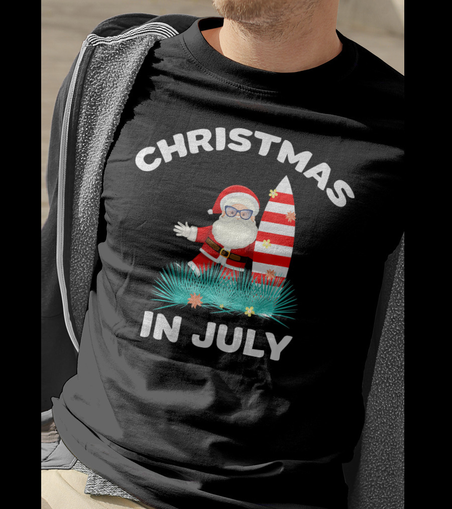 Christmas In July Santa Surfing With Hawaiian Flair T-Shirt