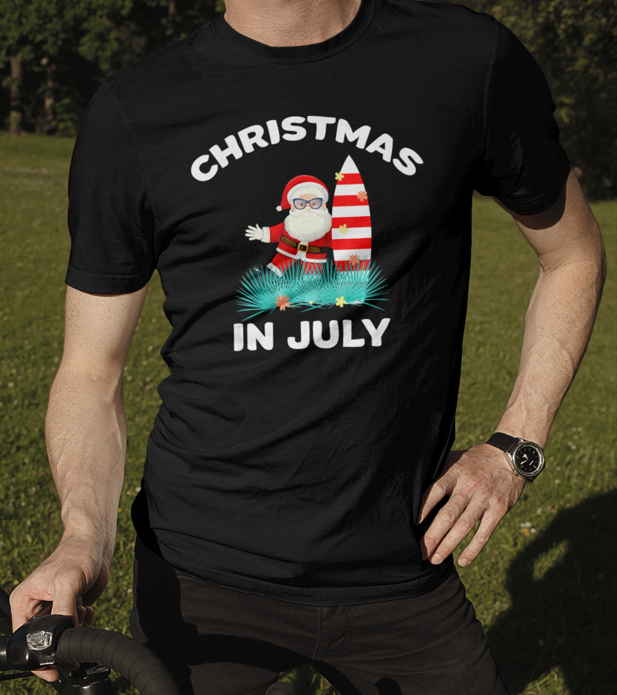 Christmas In July Santa Surfing With Hawaiian Flair T-Shirt