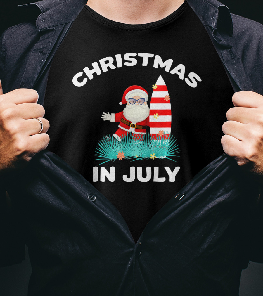 Christmas In July Santa Surfing With Hawaiian Flair T-Shirt