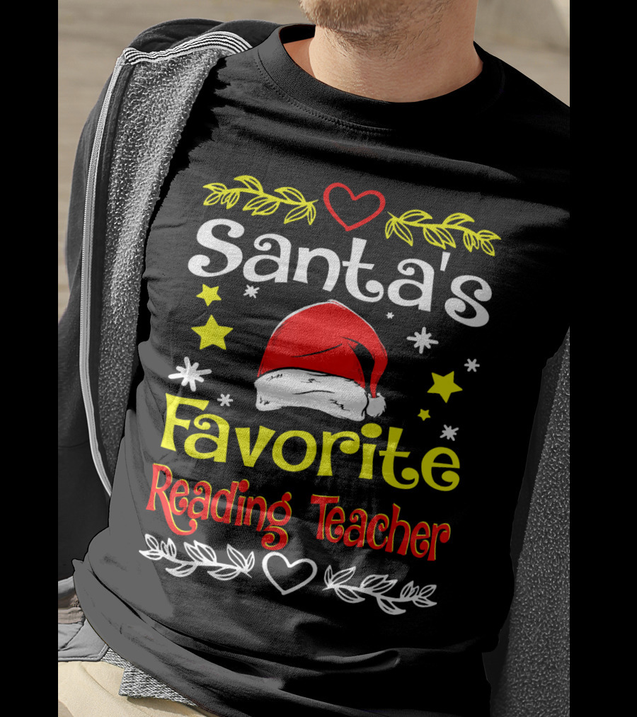 Santa's Favorite Reading Teacher Christmas Hat And Stars T-Shirt