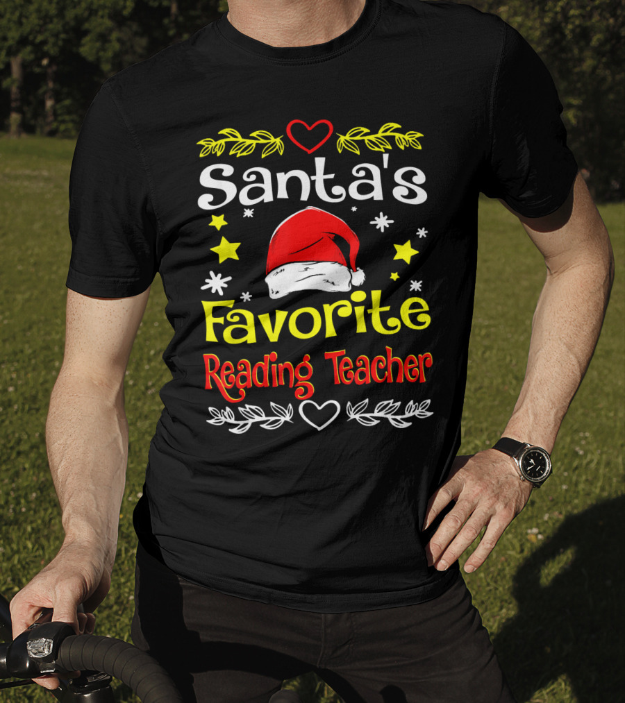 Santa's Favorite Reading Teacher Christmas Hat And Stars T-Shirt