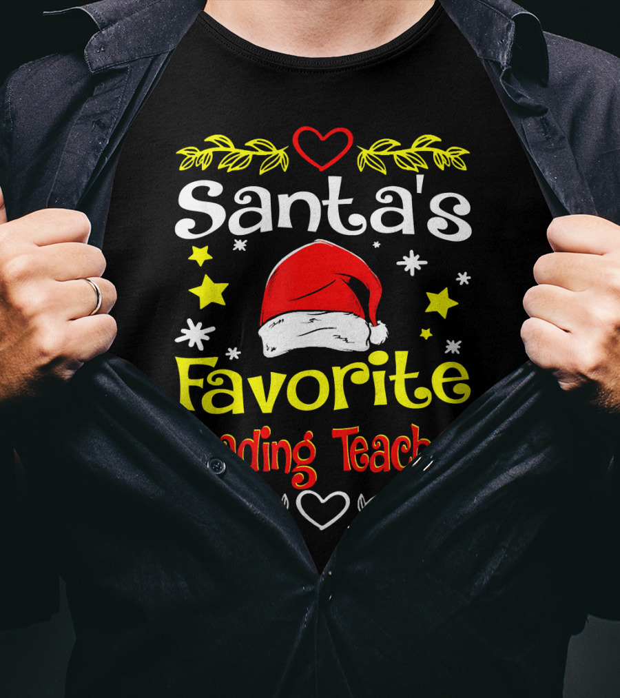 Santa's Favorite Reading Teacher Christmas Hat And Stars T-Shirt