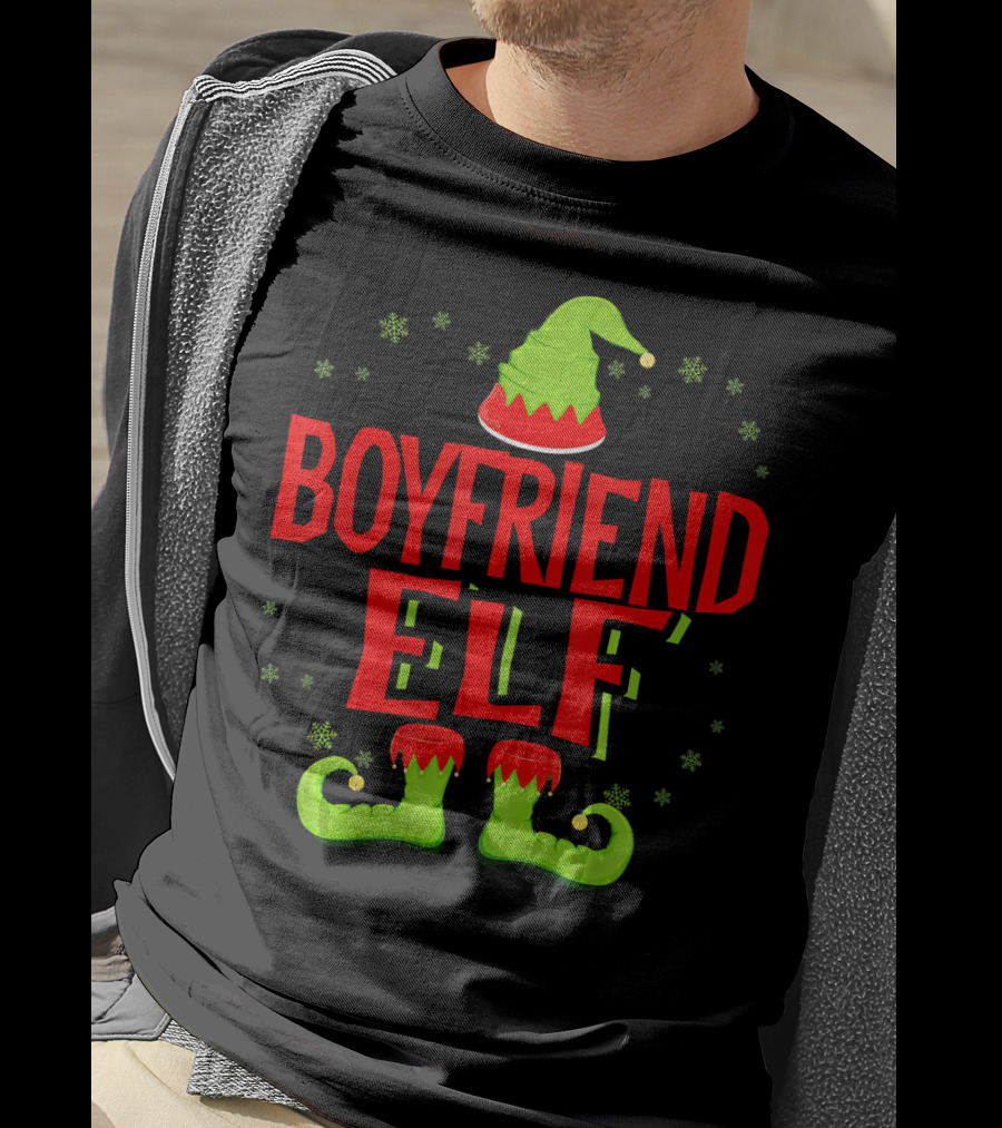BOYFRIEND ELF Christmas Hat Boots Snowflakes T-Shirt