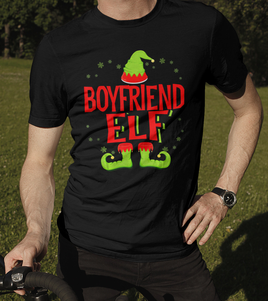 BOYFRIEND ELF Christmas Hat Boots Snowflakes T-Shirt