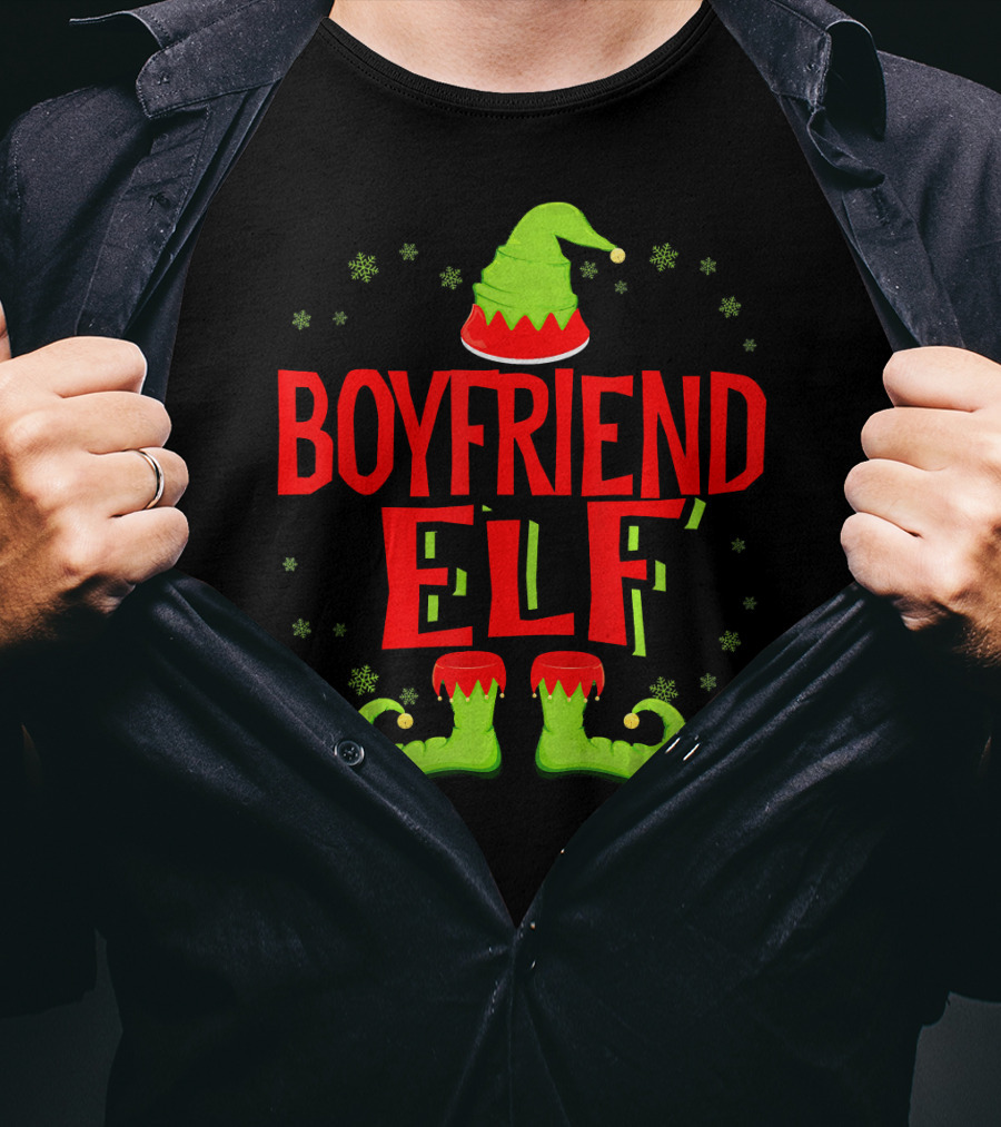 BOYFRIEND ELF Christmas Hat Boots Snowflakes T-Shirt