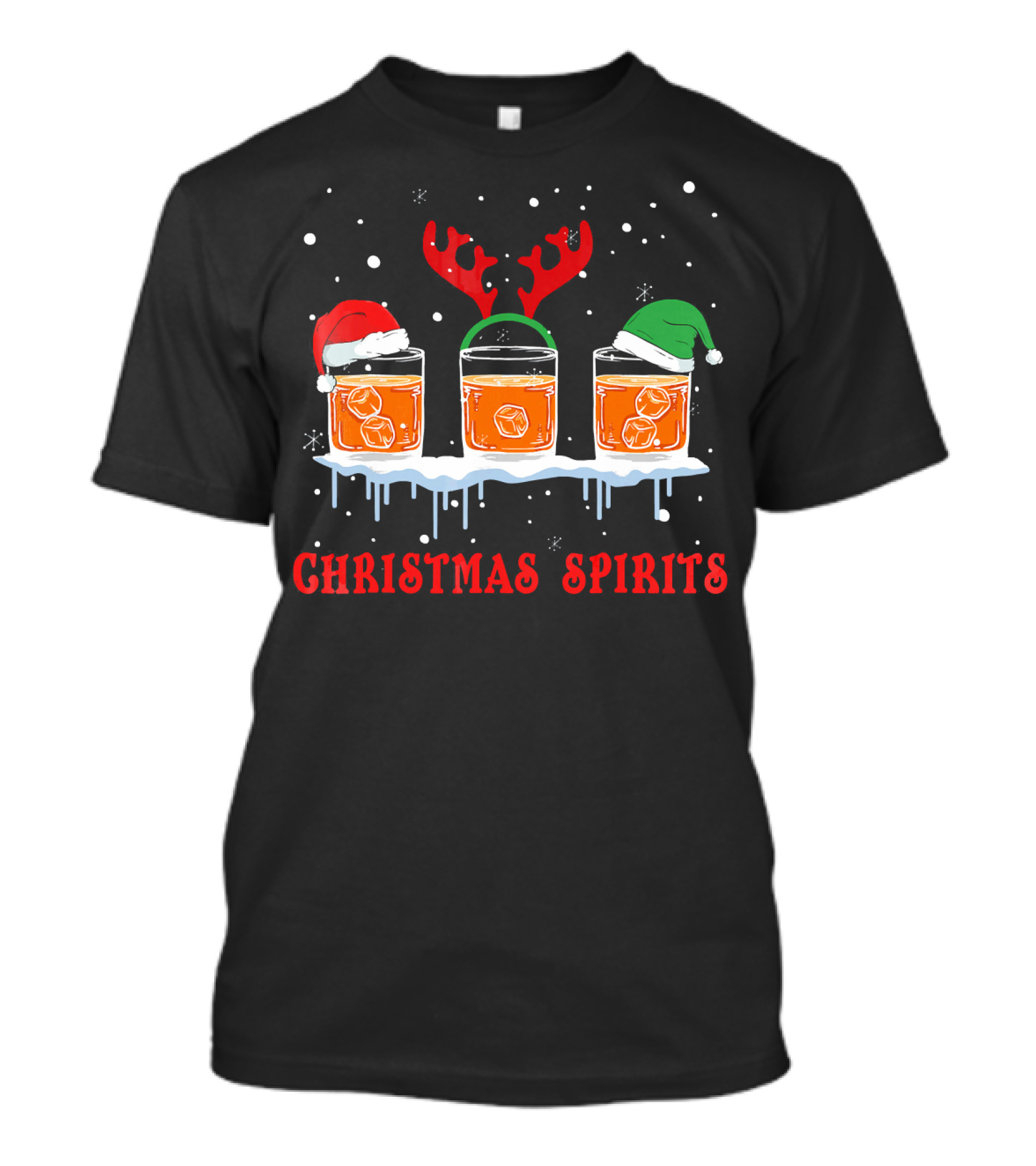 Christmas Spirits Bourbon Scotch Whiskey Santa Hat Reindeer Antlers Elf Hat T-Shirt