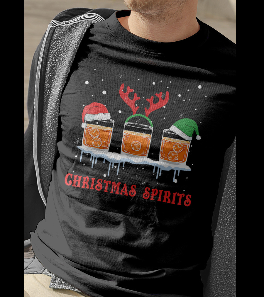 Christmas Spirits Bourbon Scotch Whiskey Santa Hat Reindeer Antlers Elf Hat T-Shirt