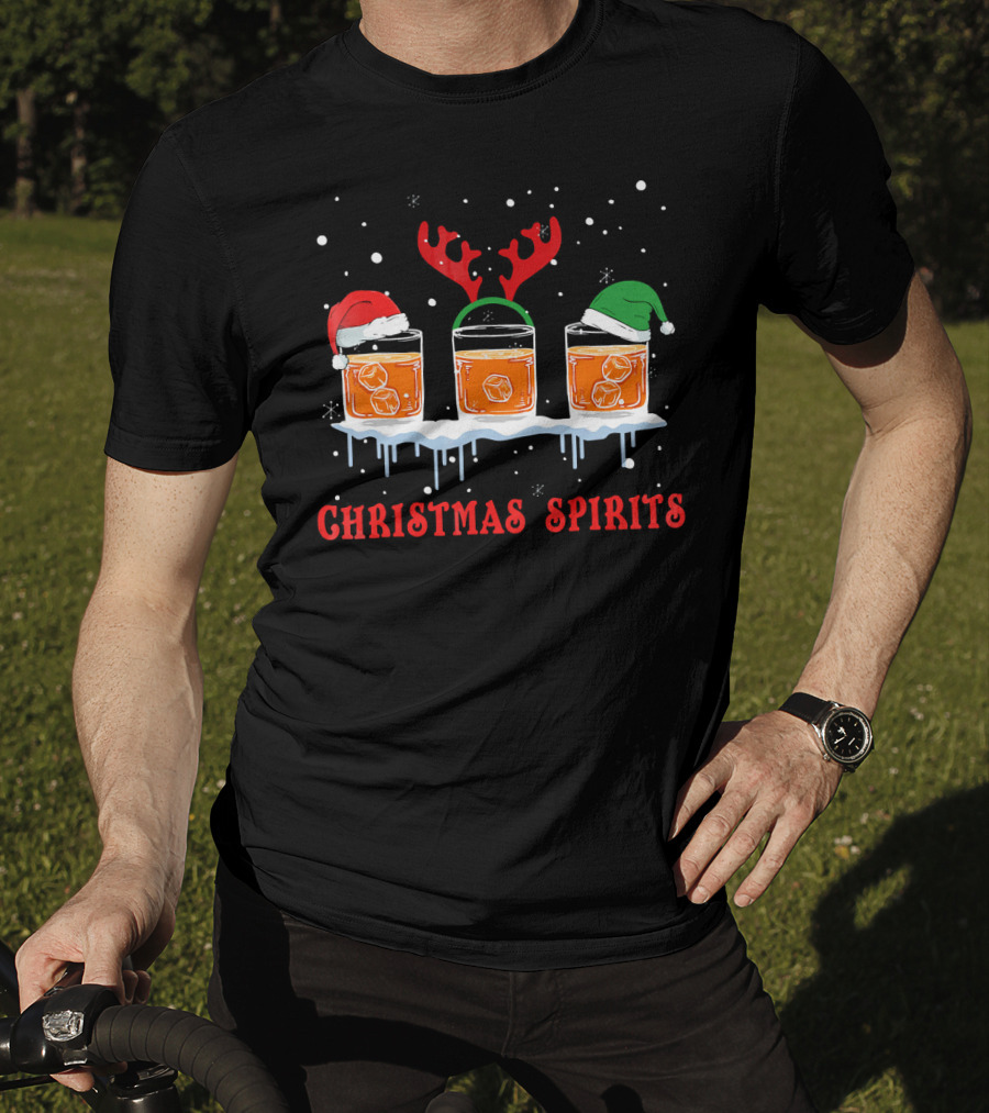 Christmas Spirits Bourbon Scotch Whiskey Santa Hat Reindeer Antlers Elf Hat T-Shirt