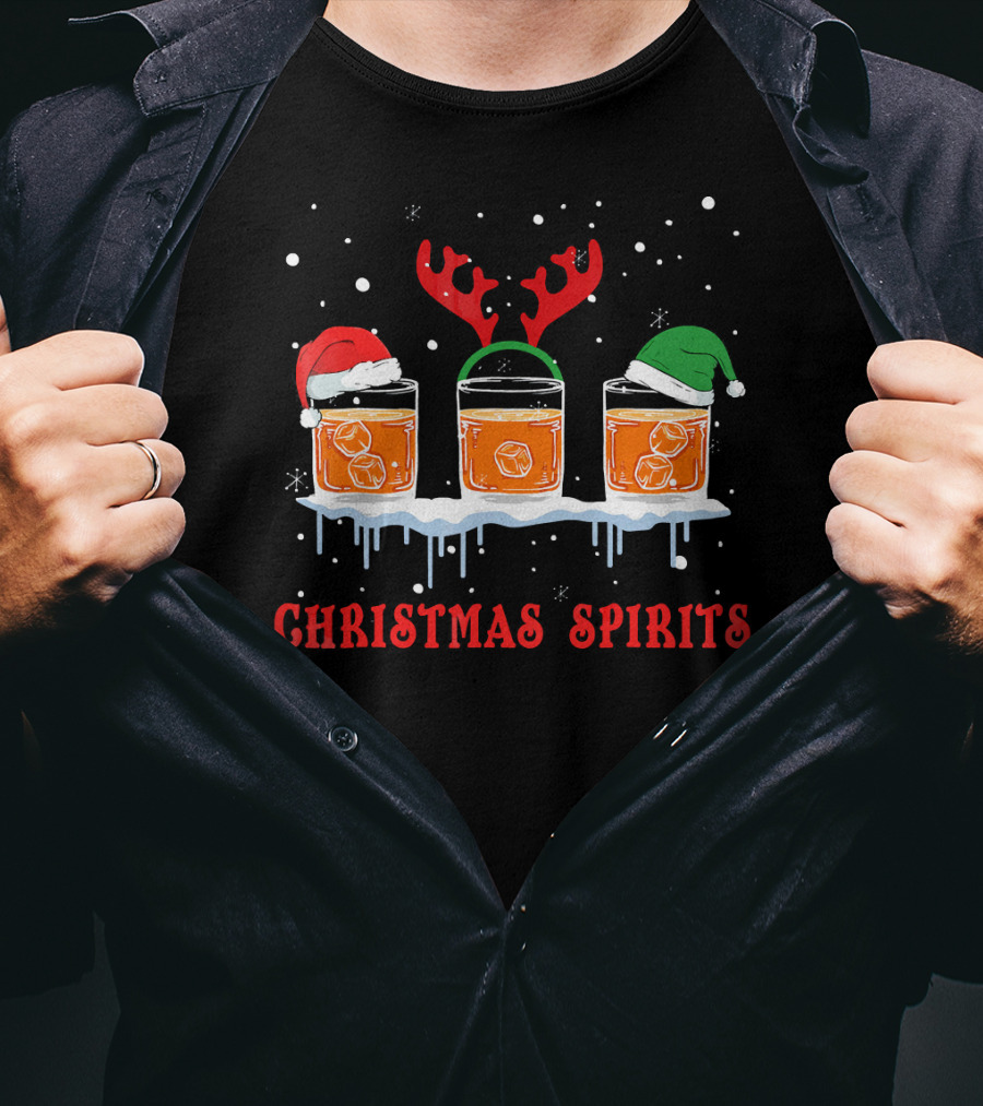 Christmas Spirits Bourbon Scotch Whiskey Santa Hat Reindeer Antlers Elf Hat T-Shirt