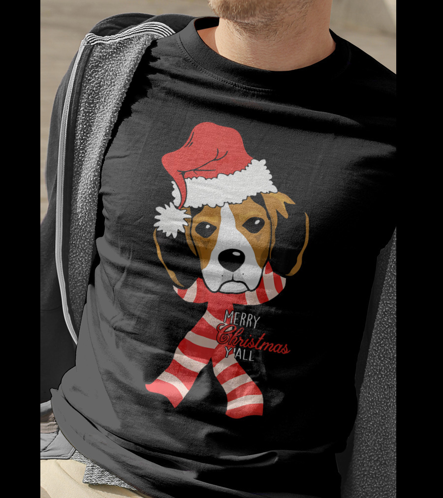Merry Christmas Y'all Beagle Dog In Santa Hat And Striped Pajamas T-Shirt