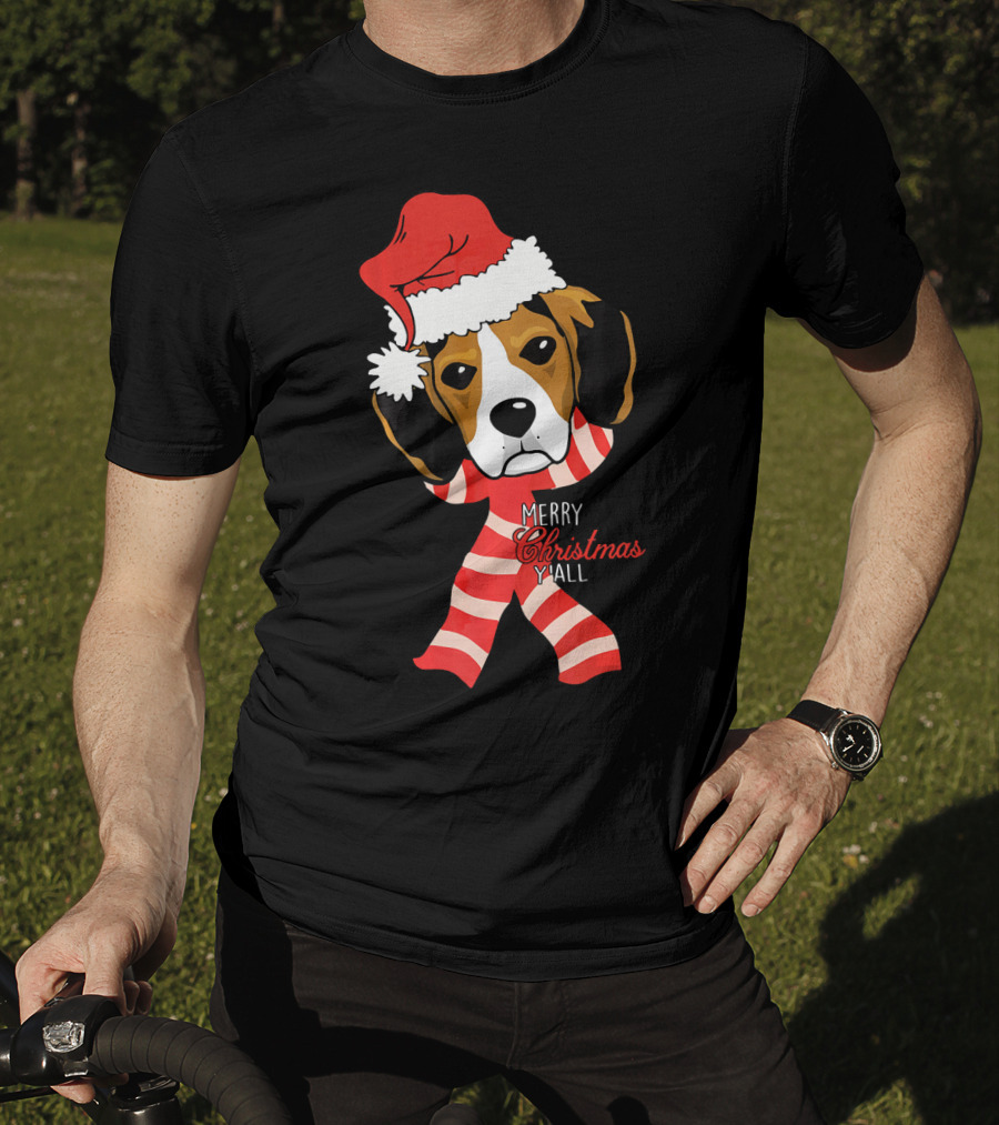 Merry Christmas Y'all Beagle Dog In Santa Hat And Striped Pajamas T-Shirt