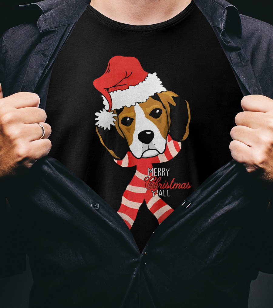 Merry Christmas Y'all Beagle Dog In Santa Hat And Striped Pajamas T-Shirt