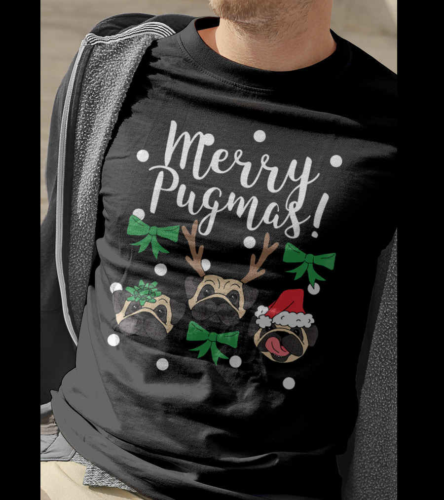 Merry Pugmas Pug Dogs With Christmas Antlers Santa Hat Bows And Snowflakes T-Shirt