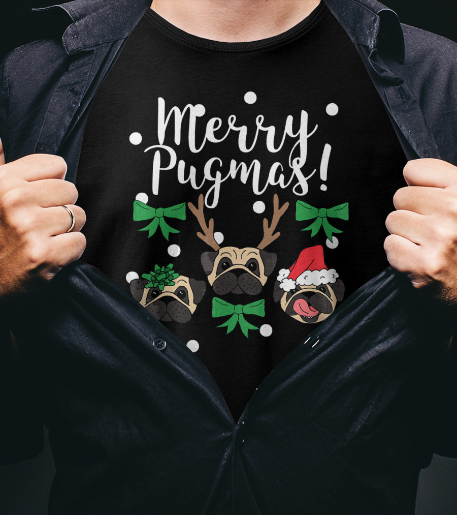 Merry Pugmas Pug Dogs With Christmas Antlers Santa Hat Bows And Snowflakes T-Shirt