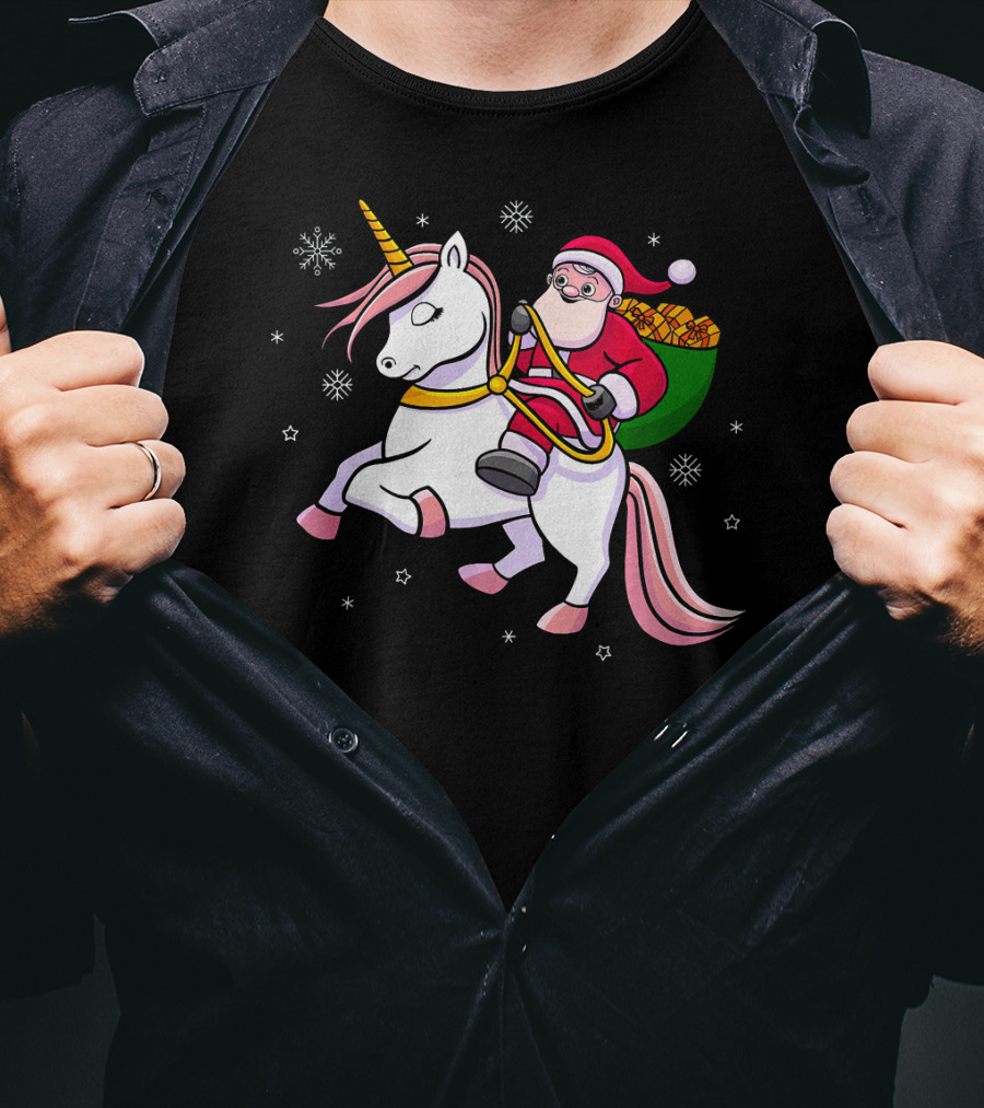 Santa Riding Unicorn With Presents For Cute Girls T-Shirt