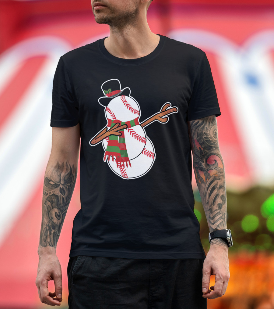 Dabbing Baseball Snowman In Top Hat With Festive Scarf T-Shirt