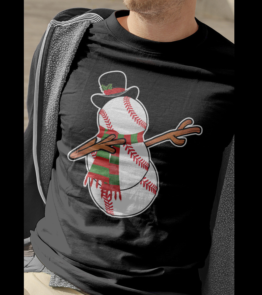 Dabbing Baseball Snowman In Top Hat With Festive Scarf T-Shirt