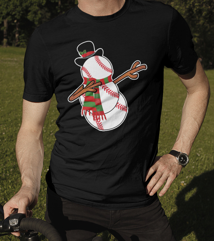 Dabbing Baseball Snowman In Top Hat With Festive Scarf T-Shirt