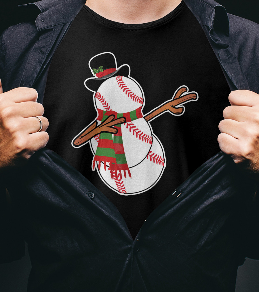 Dabbing Baseball Snowman In Top Hat With Festive Scarf T-Shirt