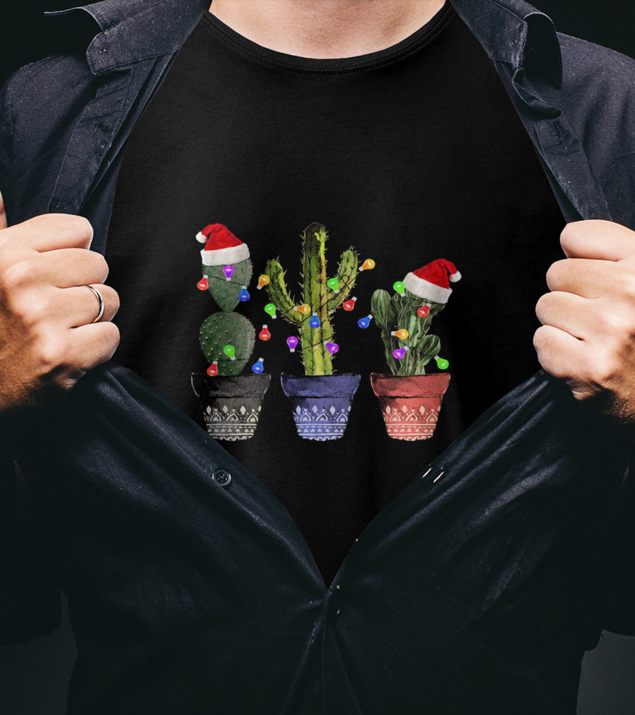 Cactus Christmas Lights Santa Hats Festive Holiday Decor T-Shirt