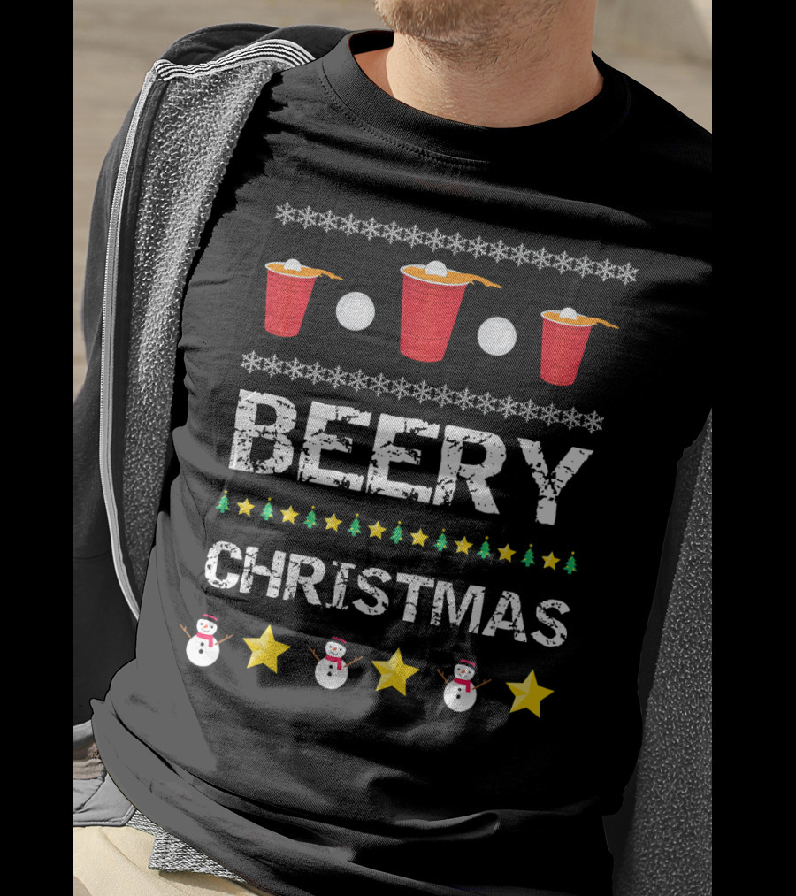 Beery Christmas Beer Pong Snowflakes Stars And Snowmen T-Shirt