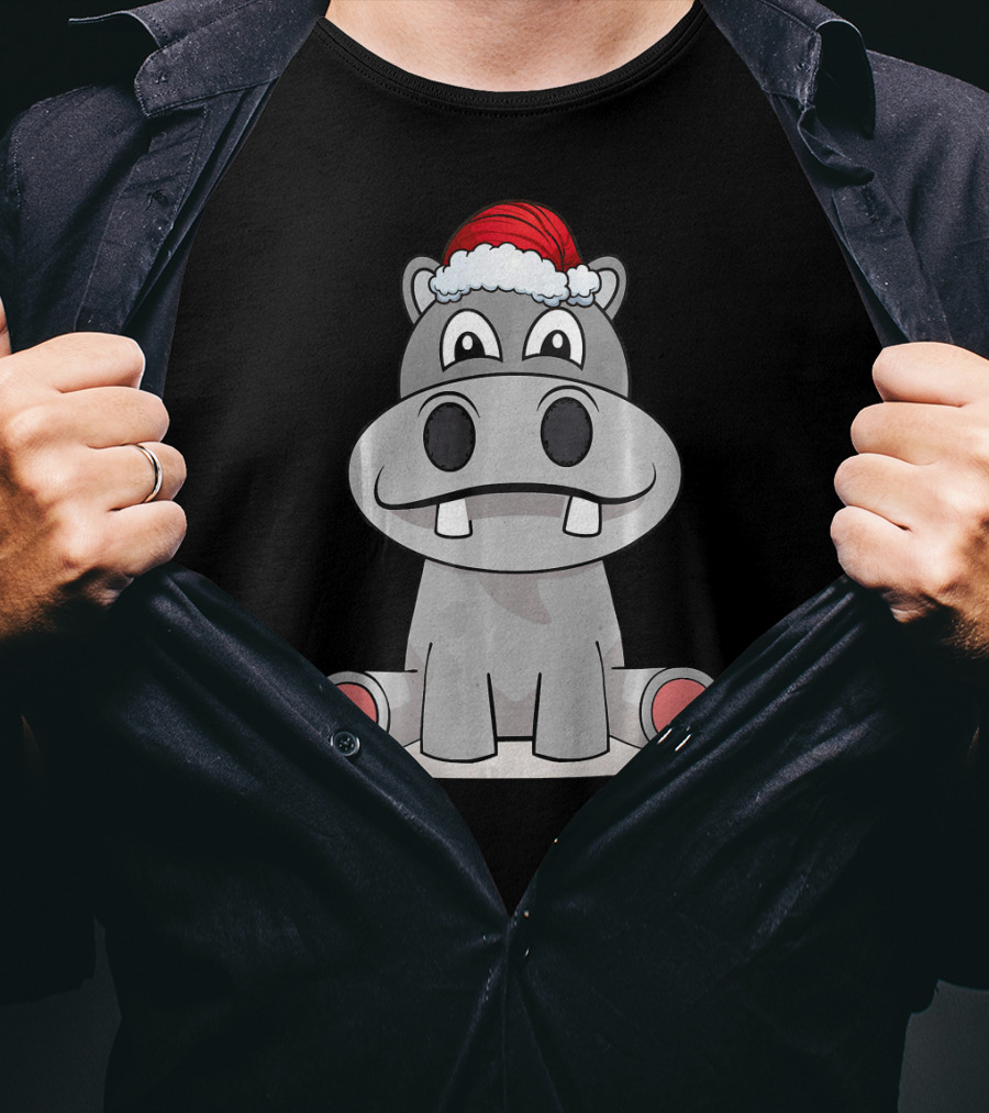 Hippopotamus Christmas Happy Hippo Santa Hat T-Shirt