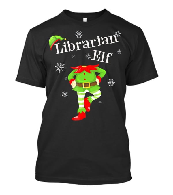 Librarian Elf In Green Outfit With Snowflakes And Red Hat T-Shirt