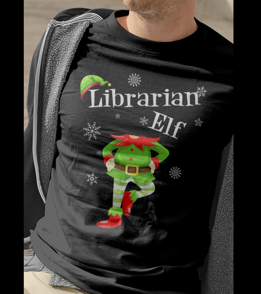 Librarian Elf In Green Outfit With Snowflakes And Red Hat T-Shirt