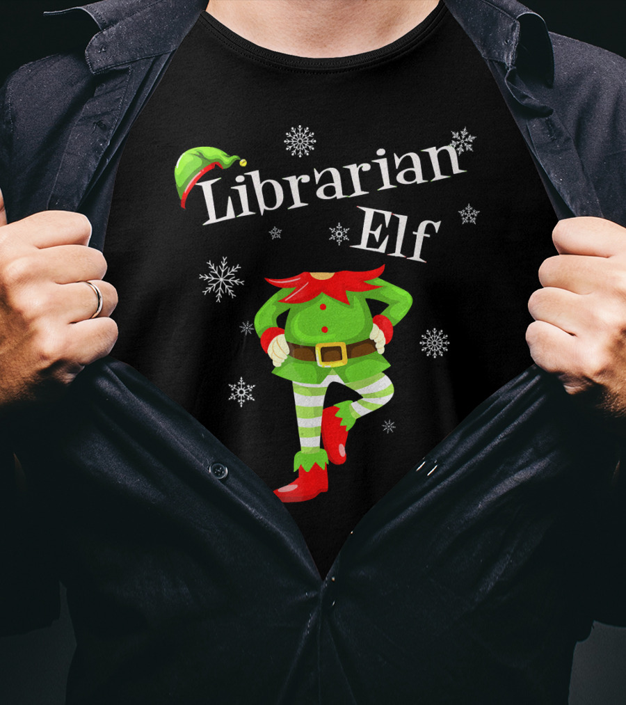 Librarian Elf In Green Outfit With Snowflakes And Red Hat T-Shirt