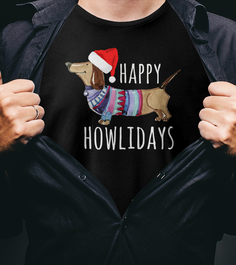 Happy Howlidays Christmas Dog Dachshund Wearing Santa Hat T-Shirt