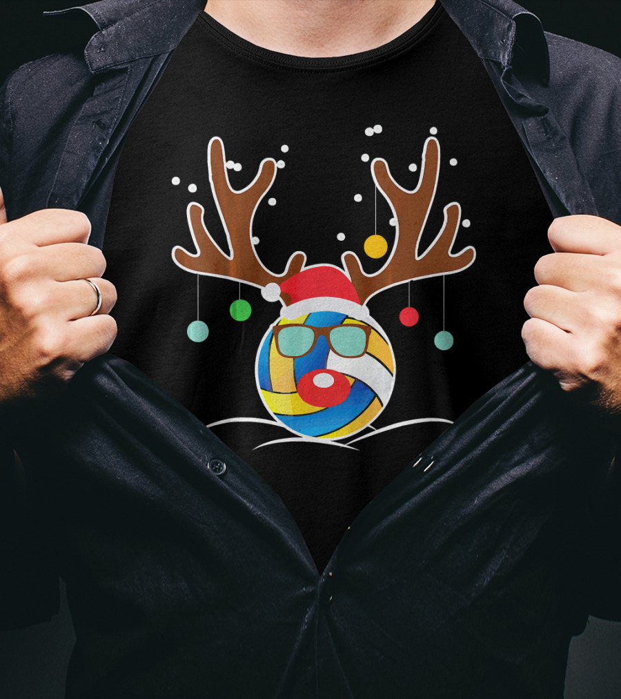 Volleyball Christmas Funny Reindeer Santa Hat Antlers Sunglasses Holiday Ornaments T-Shirt