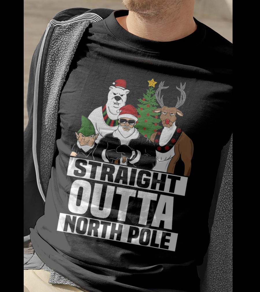 Straight Outta North Pole Christmas Characters Polar Bear Elf Reindeer T-Shirt