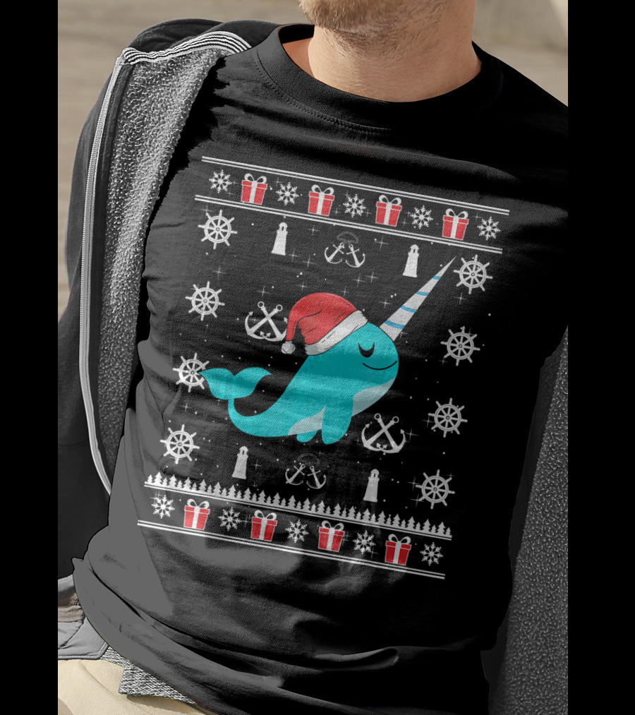 Narwhals Christmas Style With Santa Hat Anchors And Snowflakes T-Shirt