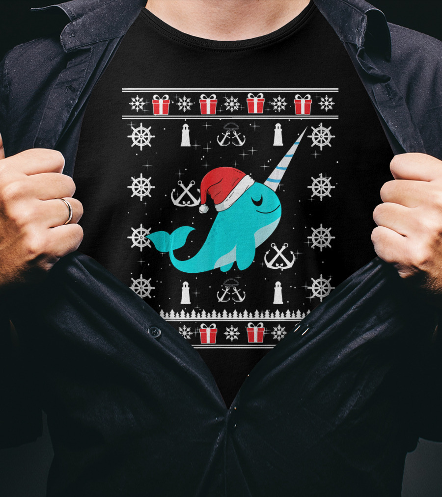 Narwhals Christmas Style With Santa Hat Anchors And Snowflakes T-Shirt