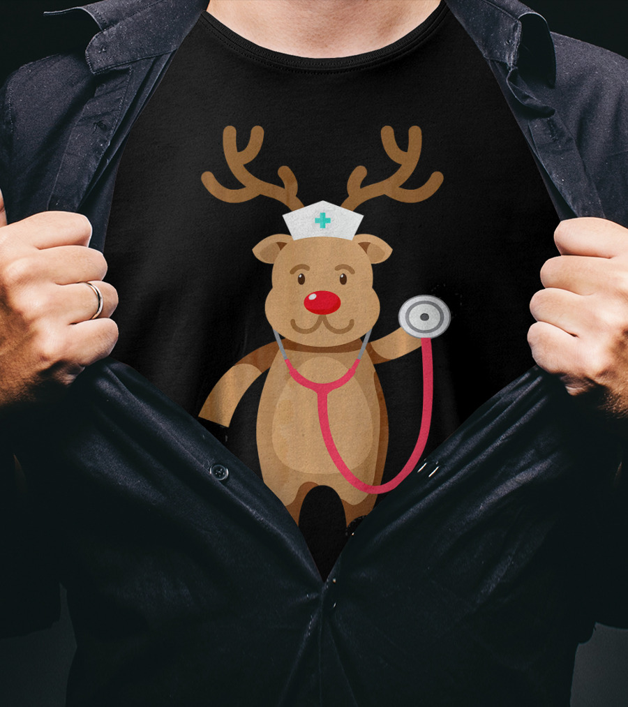 Nurse Reindeer With Stethoscope And Hat T-Shirt