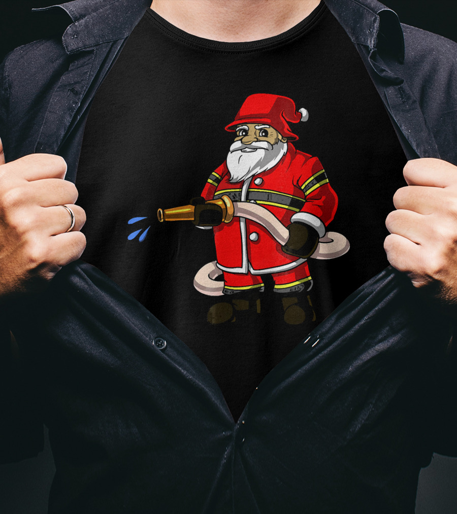 Santa Firefighter With Hose And Water Spray T-Shirt