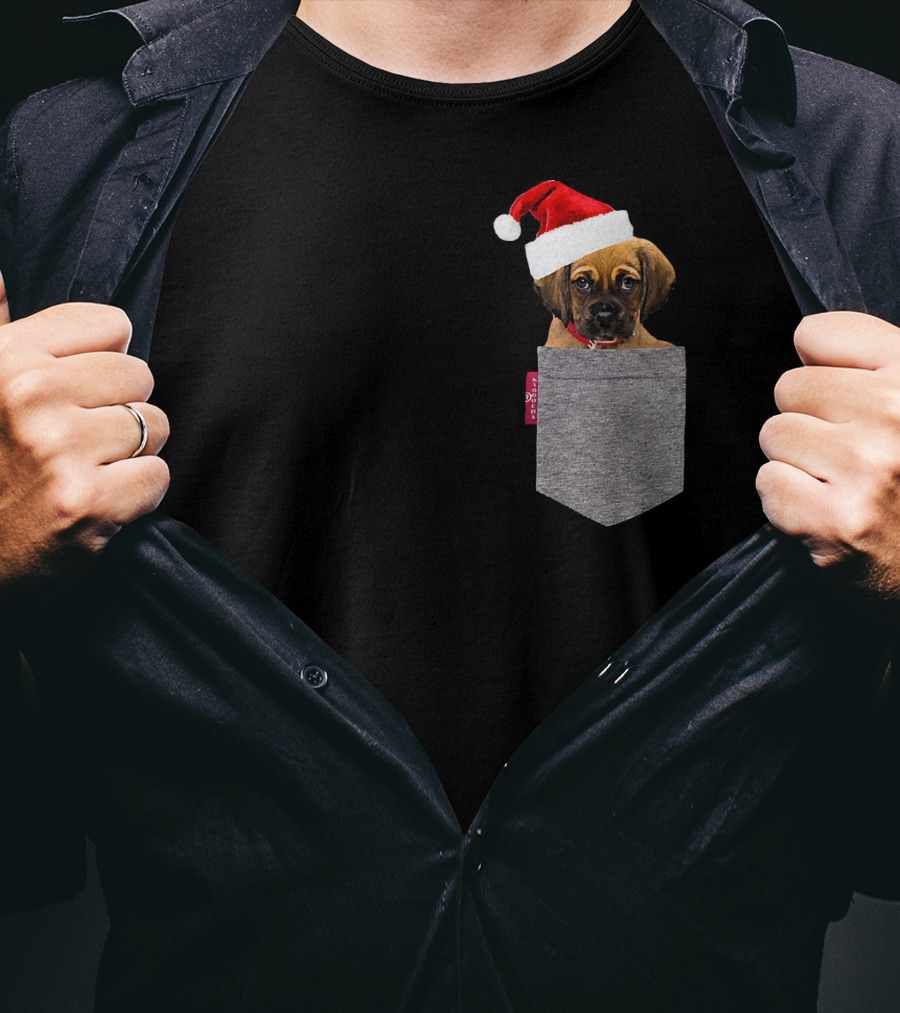 Puggle Puppy With Santa Hat In Gray Pocket Cute Beagle Pug T-Shirt