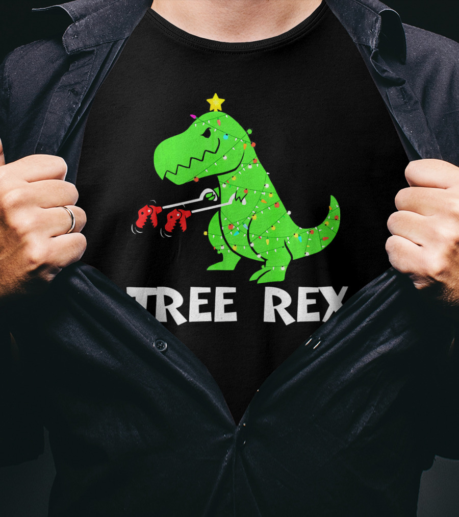Tree Rex Funny Christmas Dinos Wrapped In Lights T-Shirt