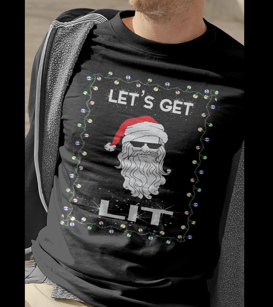 LET'S GET LIT Funny Christmas Santa With Shades Holiday Party T-Shirt