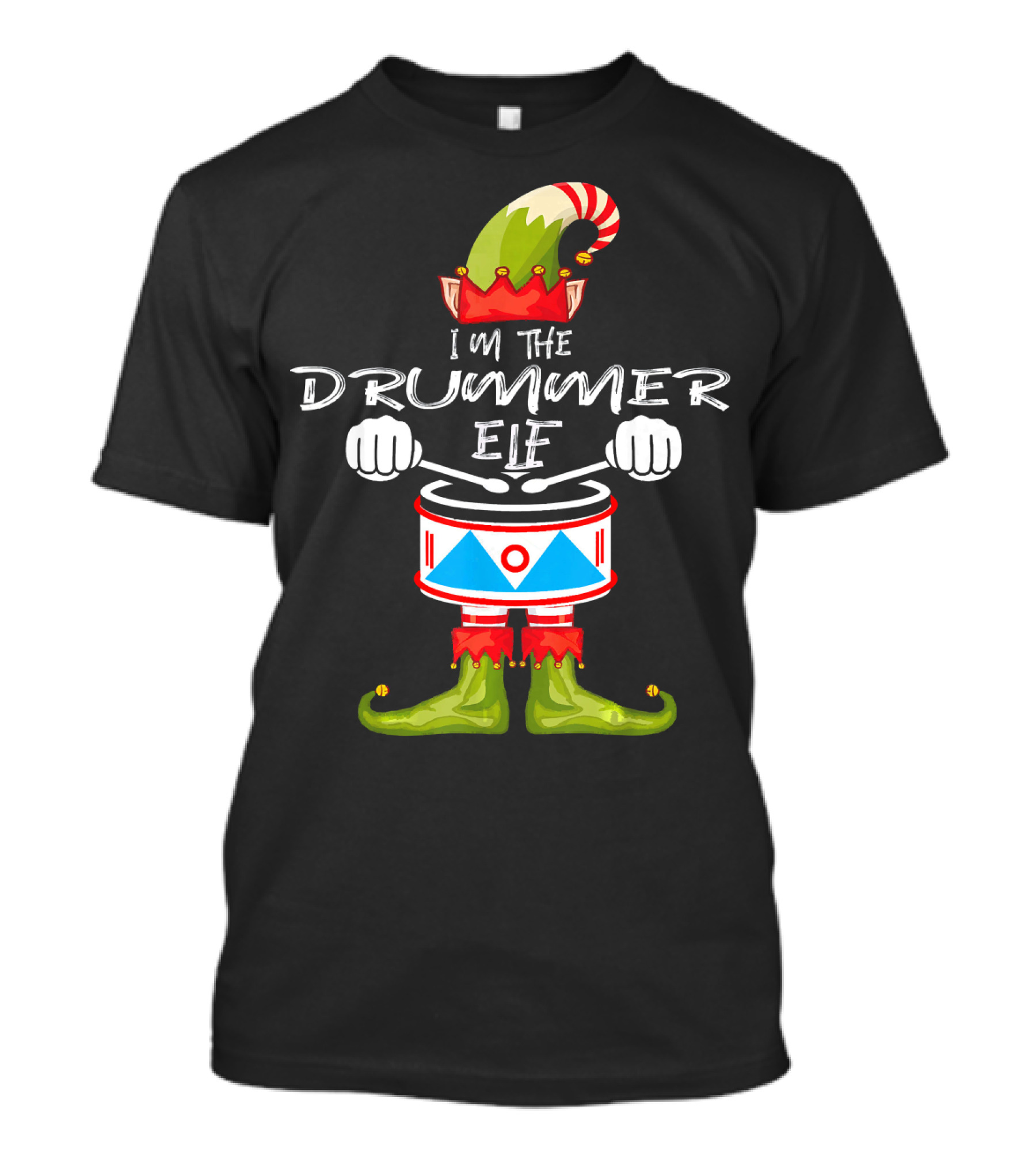 I'M THE DRUMMER ELF Christmas Hat Striped Candy Cane Elf Boots Drumsticks T-Shirt