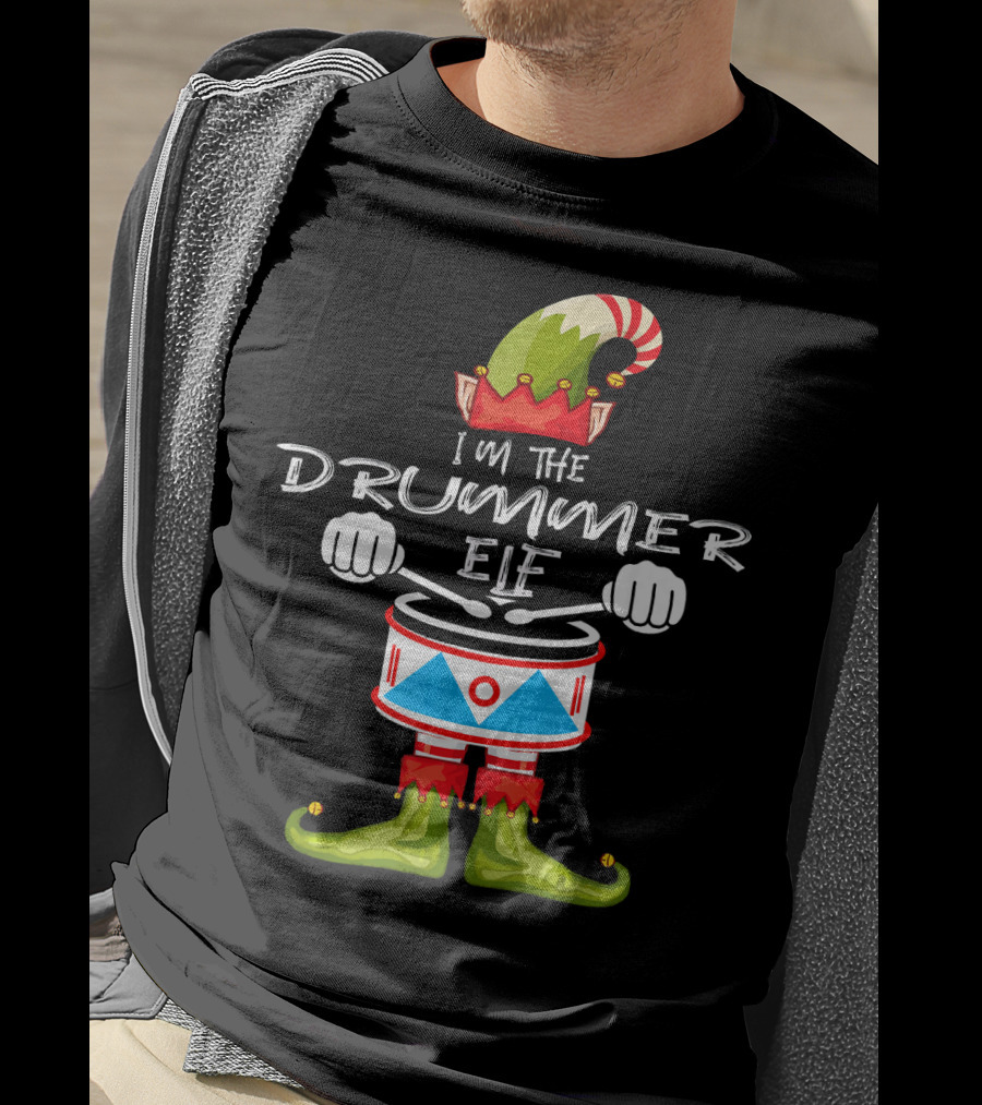 I'M THE DRUMMER ELF Christmas Hat Striped Candy Cane Elf Boots Drumsticks T-Shirt
