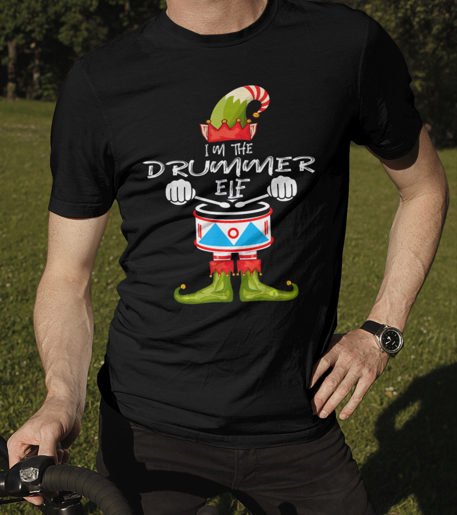 I'M THE DRUMMER ELF Christmas Hat Striped Candy Cane Elf Boots Drumsticks T-Shirt