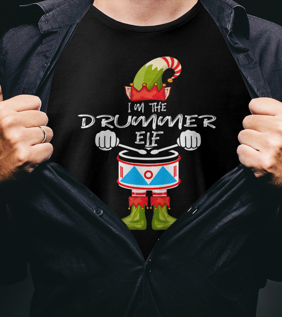 I'M THE DRUMMER ELF Christmas Hat Striped Candy Cane Elf Boots Drumsticks T-Shirt