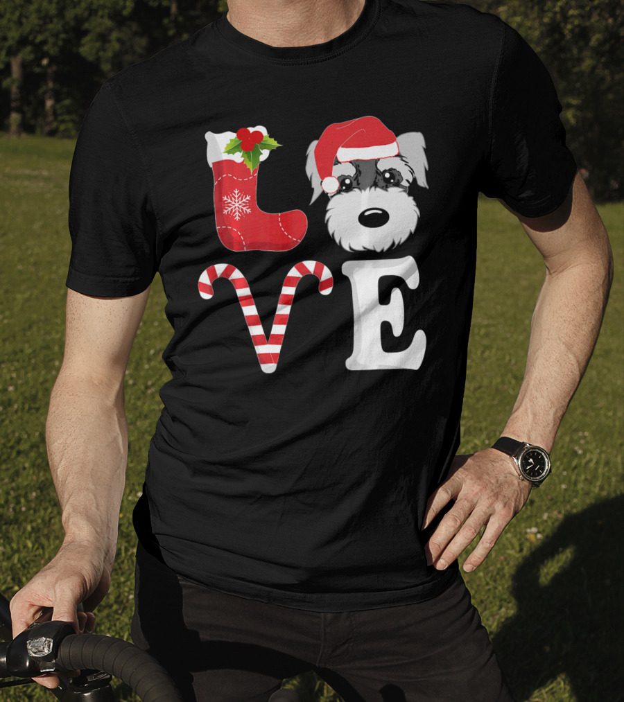 LOVE Miniature Schnauzer Santa Christmas Candy Cane T-Shirt