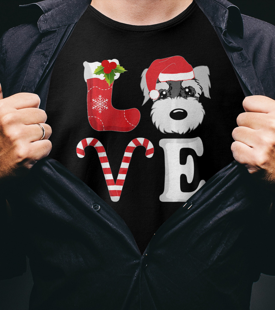 LOVE Miniature Schnauzer Santa Christmas Candy Cane T-Shirt