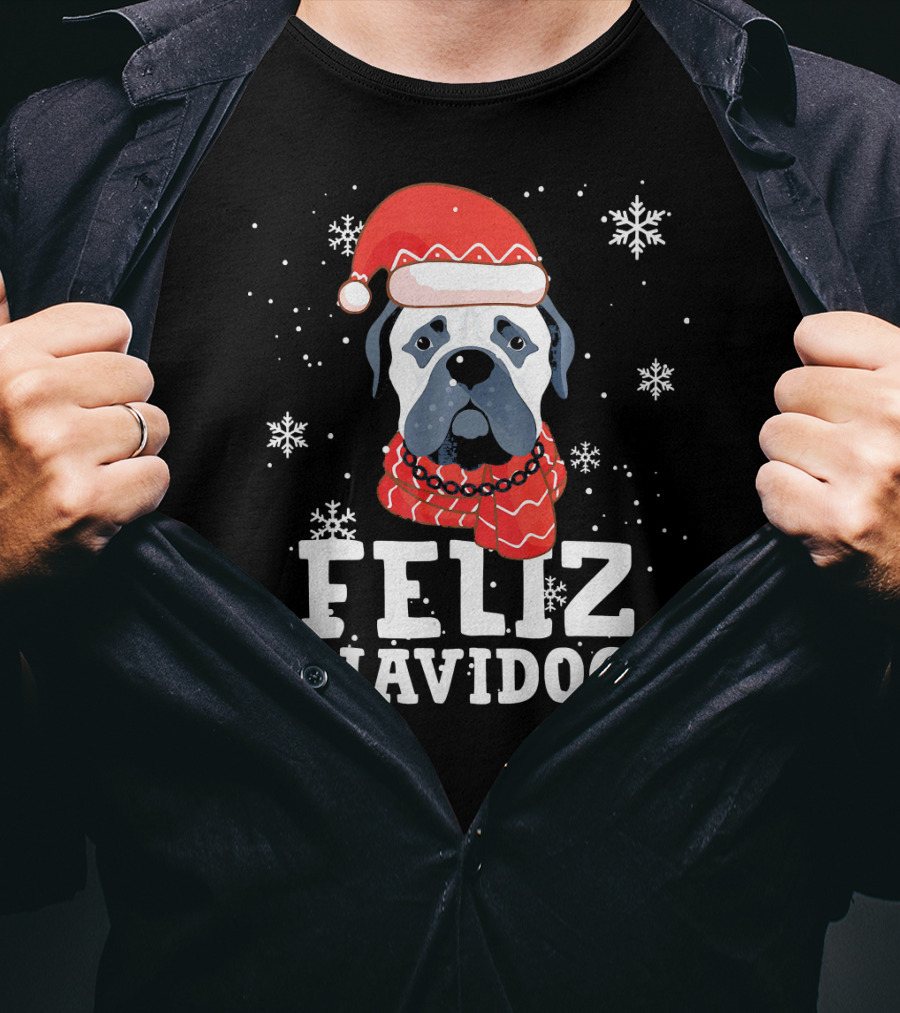 Feliz Navidog Bullmastiff Dog Christmas Santa Hat Snowflakes T-Shirt