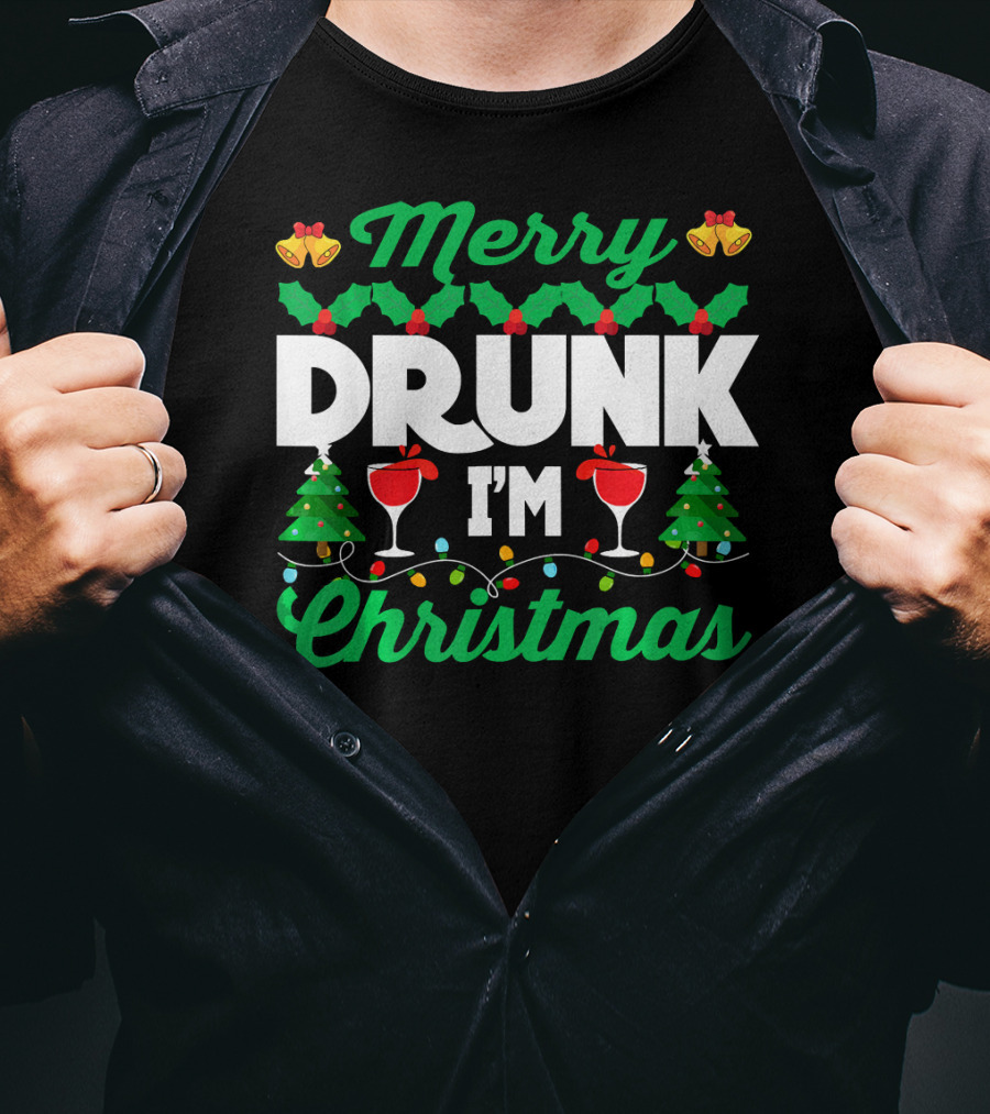 Merry Drunk I'm Christmas Wine Bells Lights Trees T-Shirt