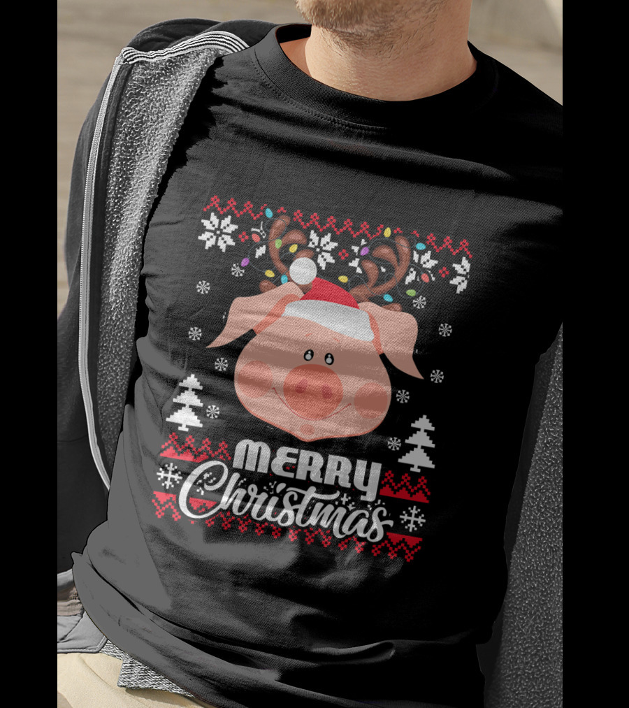Merry Christmas Pig Santa Hat Antler Ugly T-Shirt