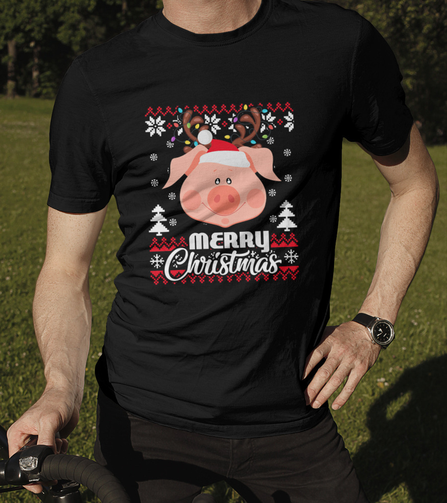 Merry Christmas Pig Santa Hat Antler Ugly T-Shirt